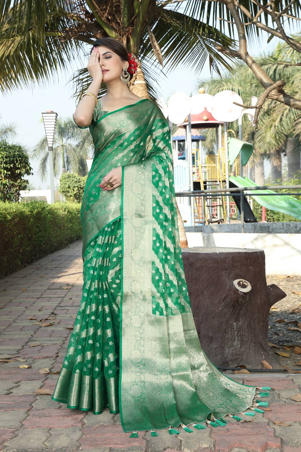 FINE WEAR Self Design Kanjivaram Organza Saree (Multicolor)