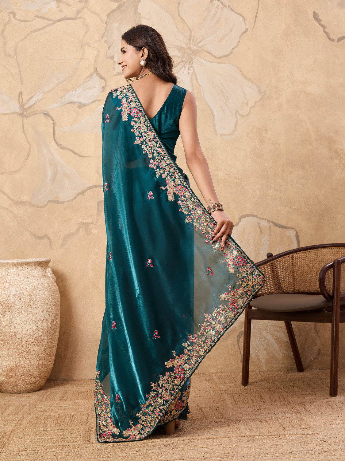 Image of SareezaaStore Embroidered, Floral Print, Solid /Plain Bollywood Tissue, Organza Saree