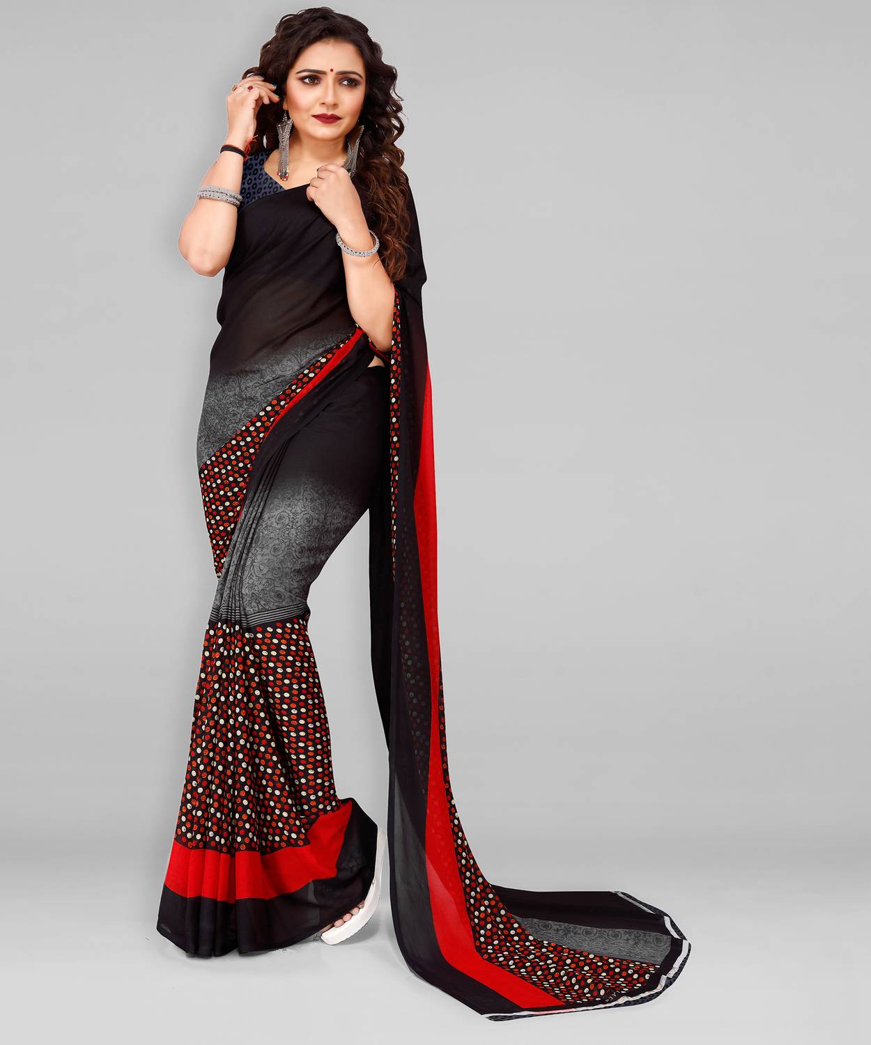 Anand Sarees Polka Print Daily Wear Georgette Saree (Black, Grey)