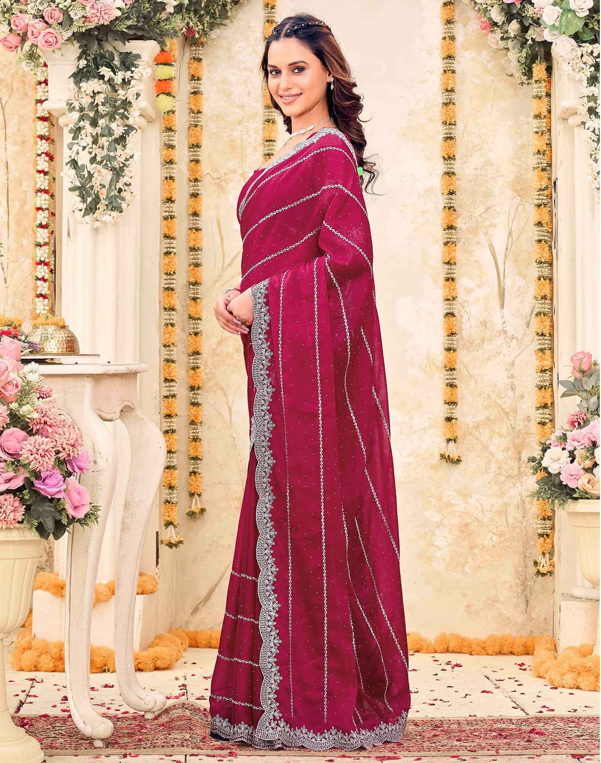 Image of Satrani Embroidered, Embellished Daily Wear Georgette Saree (Pink)
