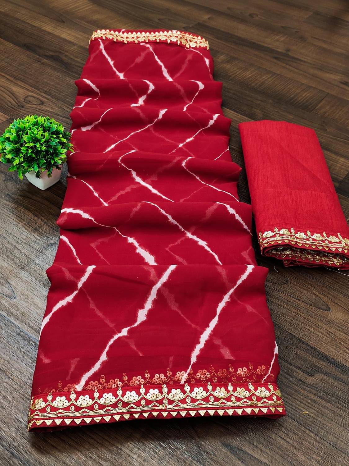 ASTEYAM Tie-Dye, Embellished, Embroidered Leheria Georgette Saree