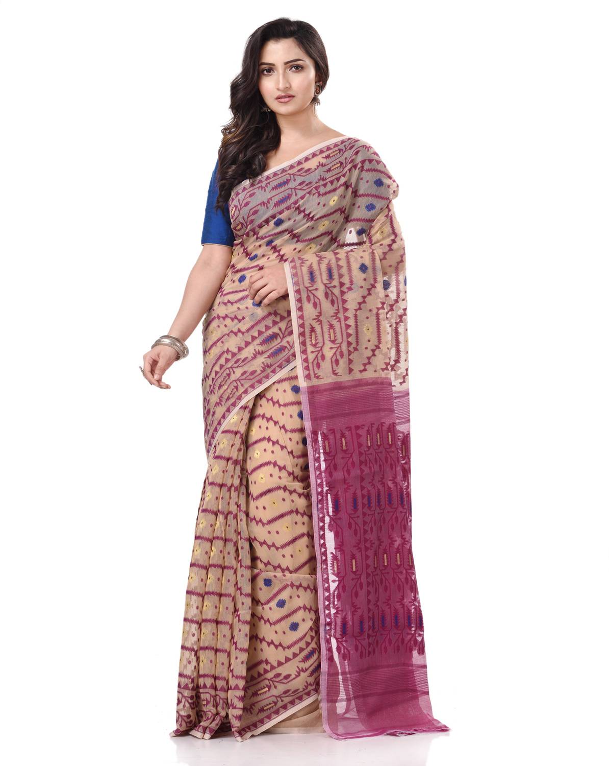 TANTLOOM Woven Jamdani Handloom Pure Cotton Saree (Cream)