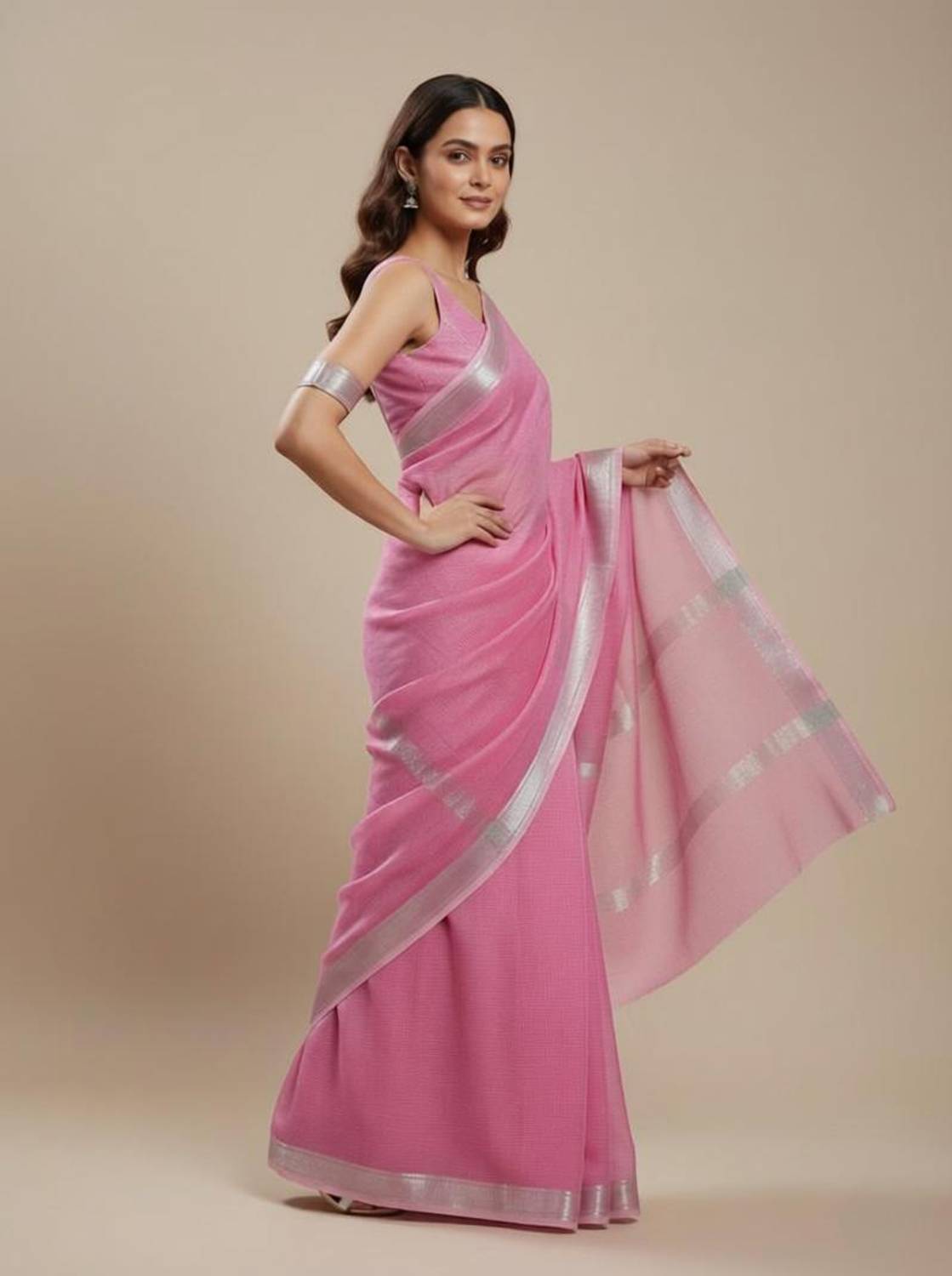 Afronza Checkered, Solid/Plain, Striped Kota Doria Supernet, Cotton Silk Saree