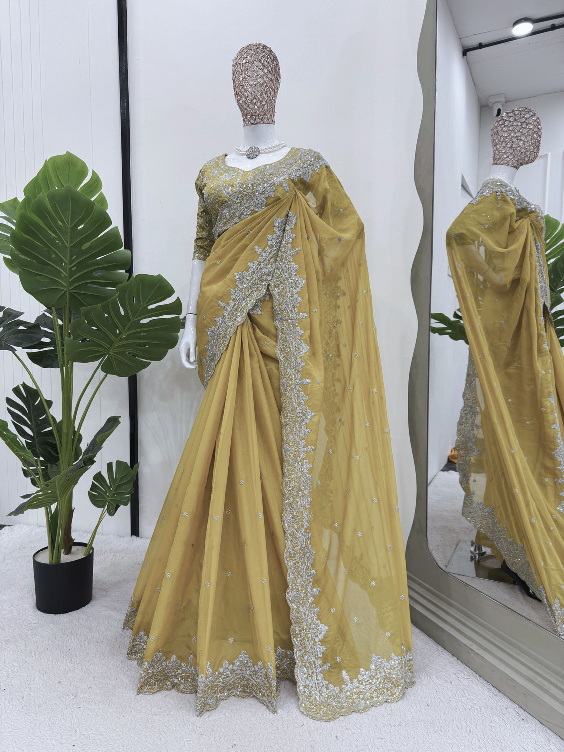 Image of MADHI Embroidered, Embellished, Floral Print Bollywood Georgette Saree