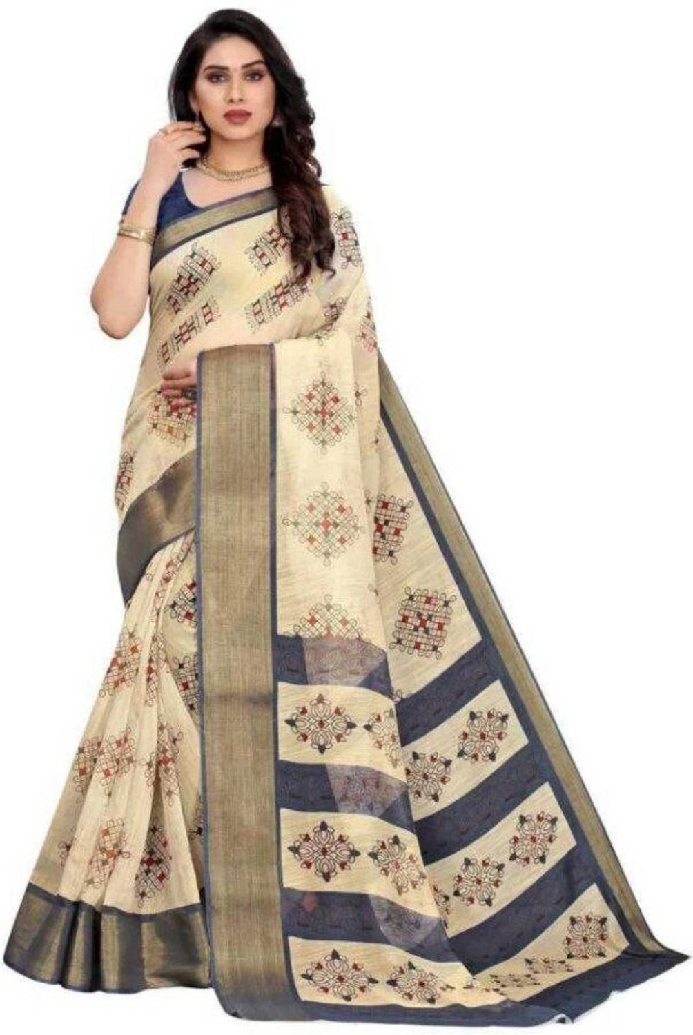 Bansari Textiles Floral Print Daily Wear Cotton Linen, Chanderi Saree