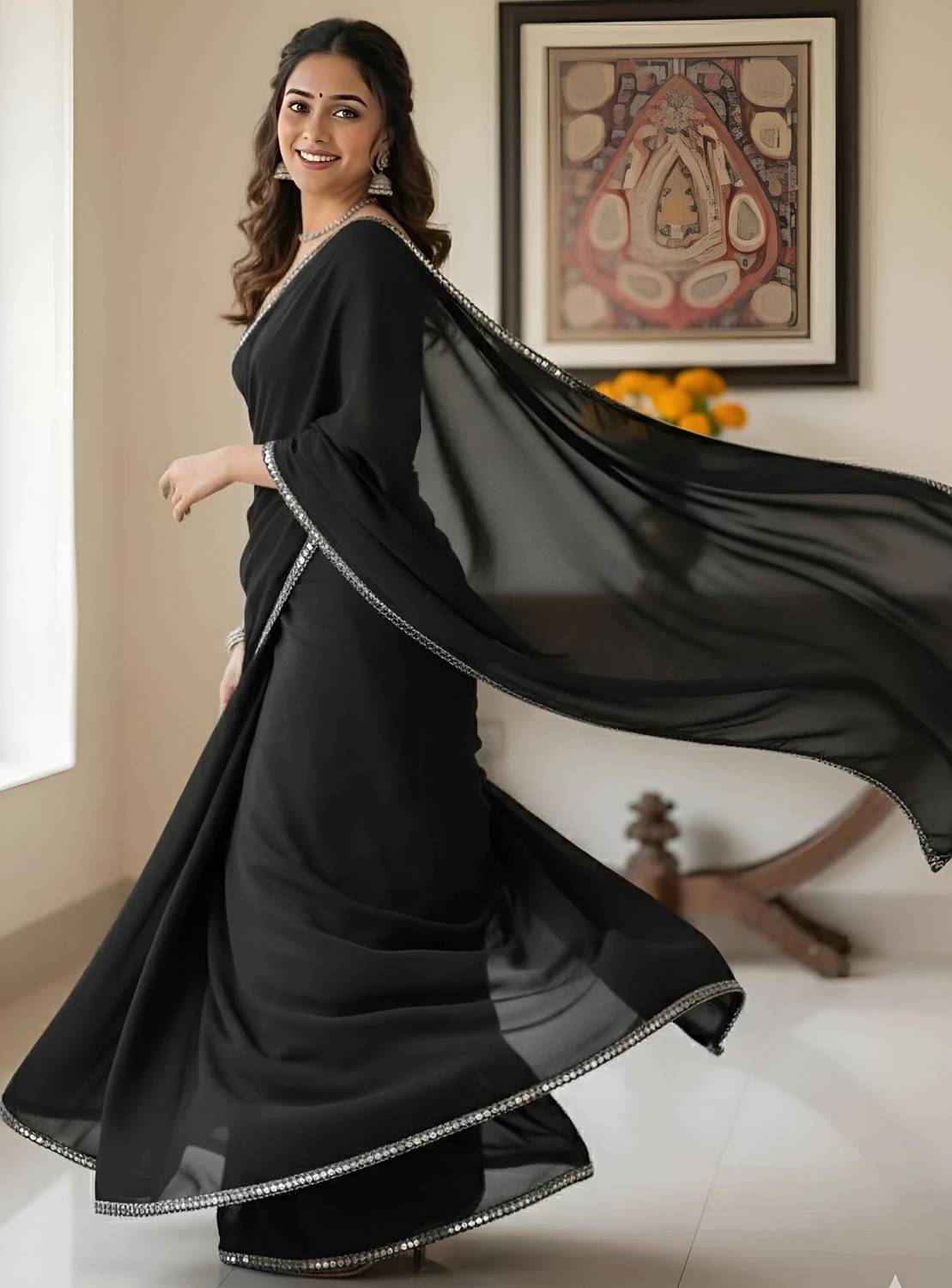 HIJA TRENDZ Embellished Bollywood Georgette Saree (Black)