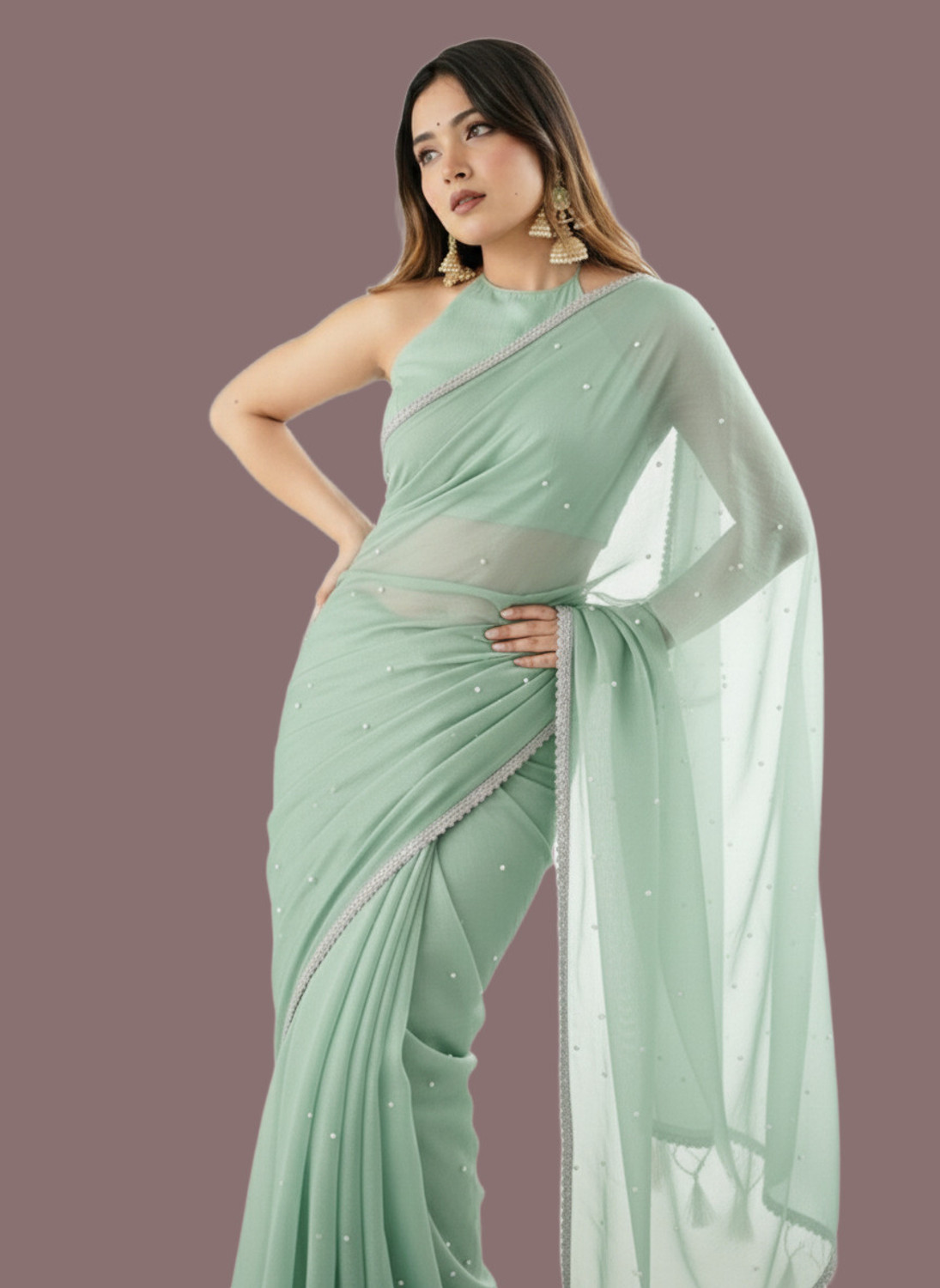 Image of ELITERATI FASHION Solid /Plain, Self Design Bollywood Net Saree