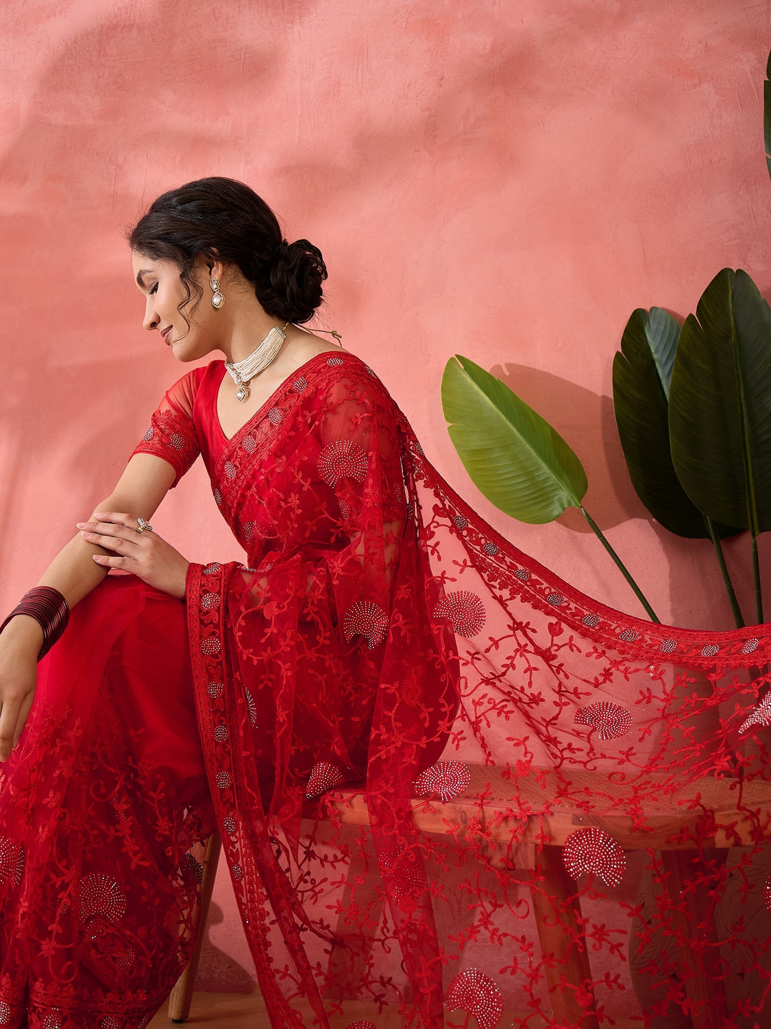 Image of Sangria Embroidered, Floral Print, Embellished Kalamkari Net Saree