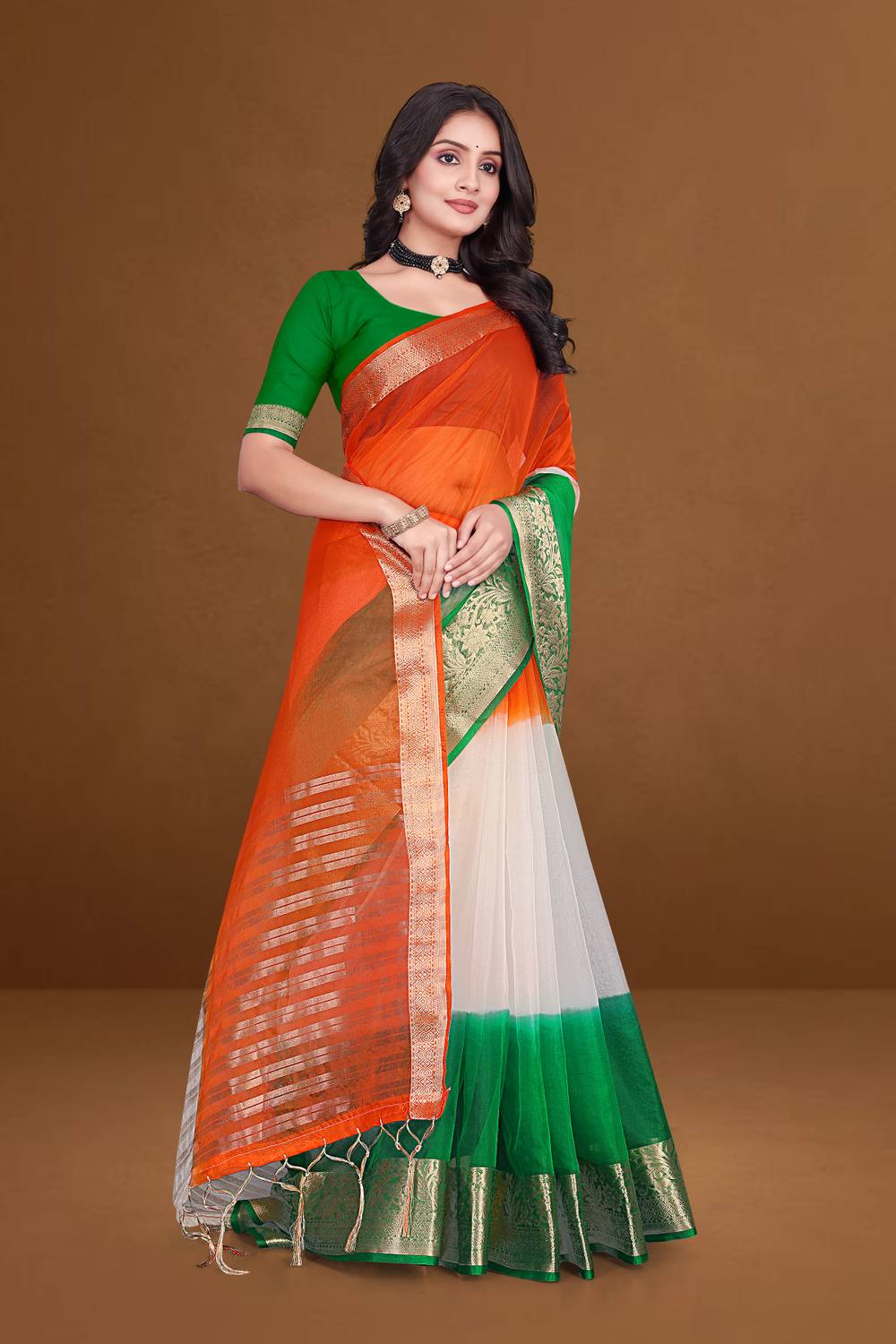 Aarunika BS Solid/Plain Bandhani Organza Saree