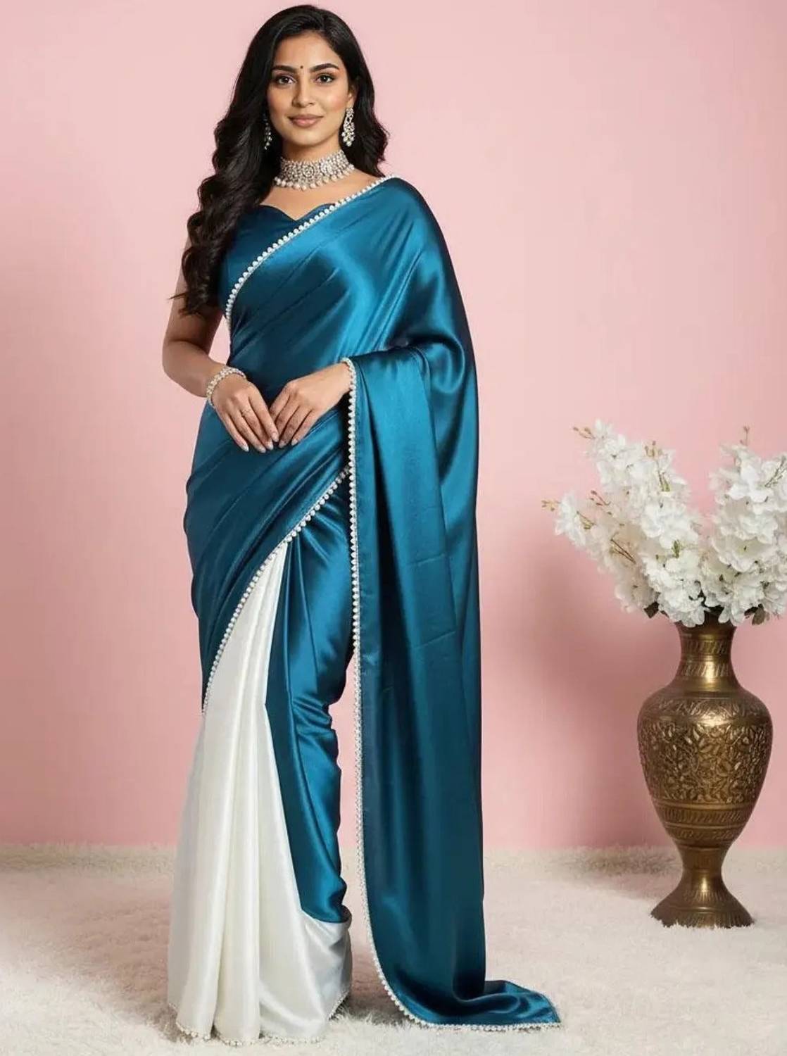 BRAHMSHAKTI Embellished, Solid/Plain Daily Wear Satin, Silk Blend Saree