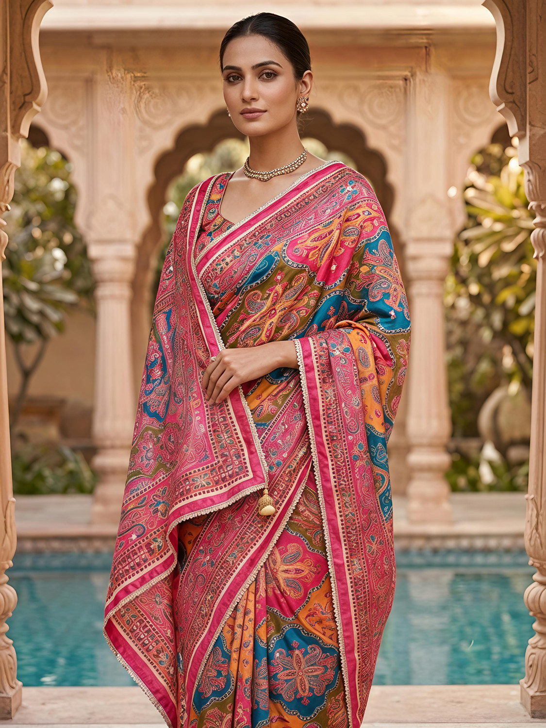 Image of SLERIX Printed Banarasi Crepe Saree (Multicolor)