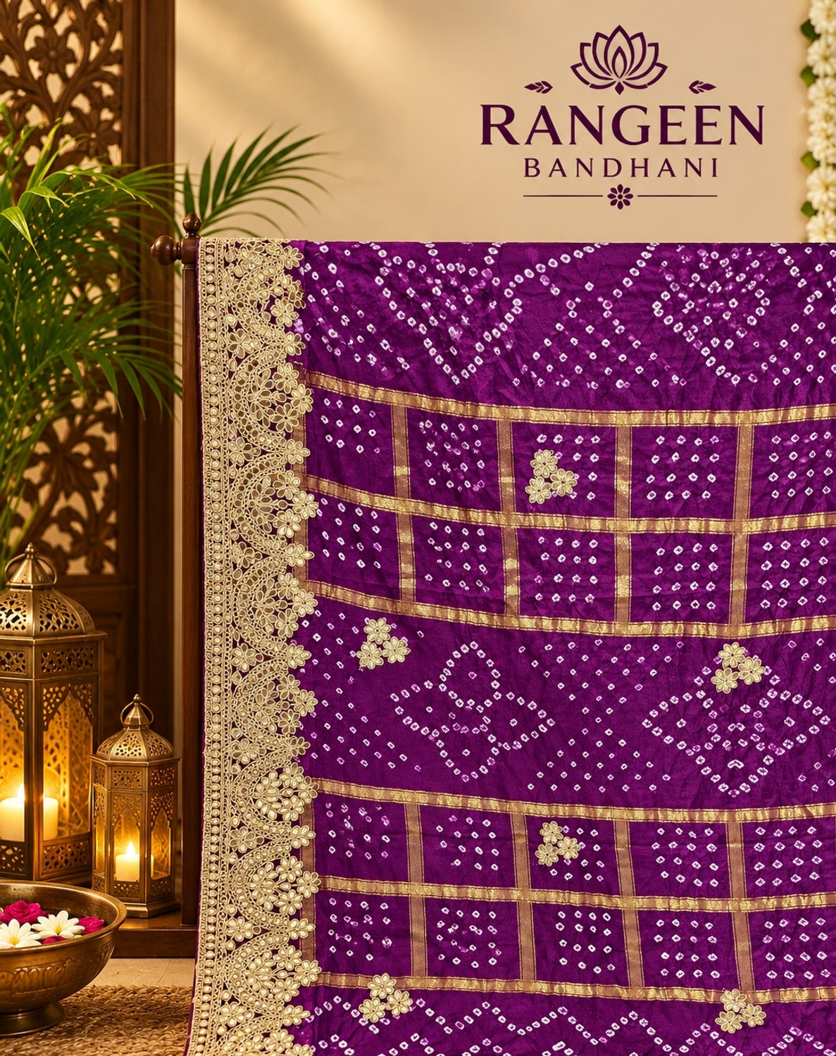 Image of RANGEEN BNADHANI Embroidered, Tie-Dye Bandhani Dupion Silk Saree (Purple)