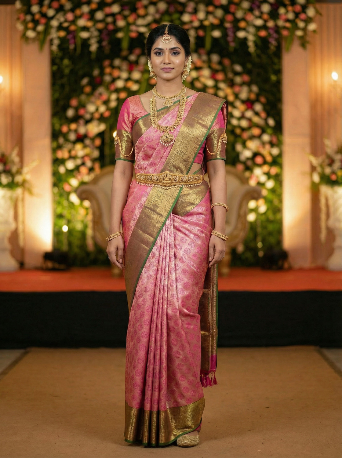 Image of MIMOSA Embellished, Paisley, Temple Border, Woven Kanjivaram Art Silk Saree
