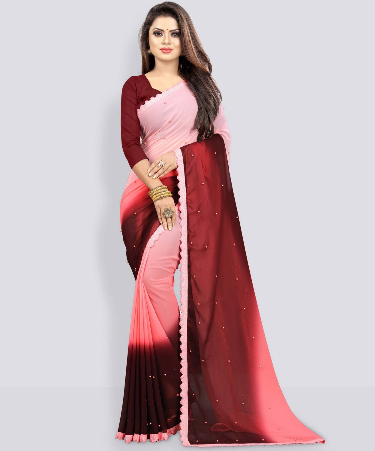 fashionday Self Design Bollywood Georgette Saree (Purple, Pink)