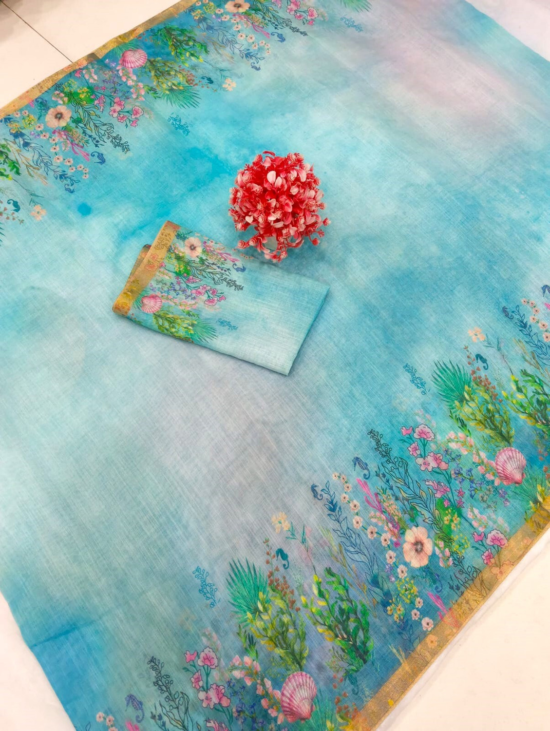 Image of M MAANVIT Floral Print Daily Wear Pure Cotton, Cotton Linen Saree