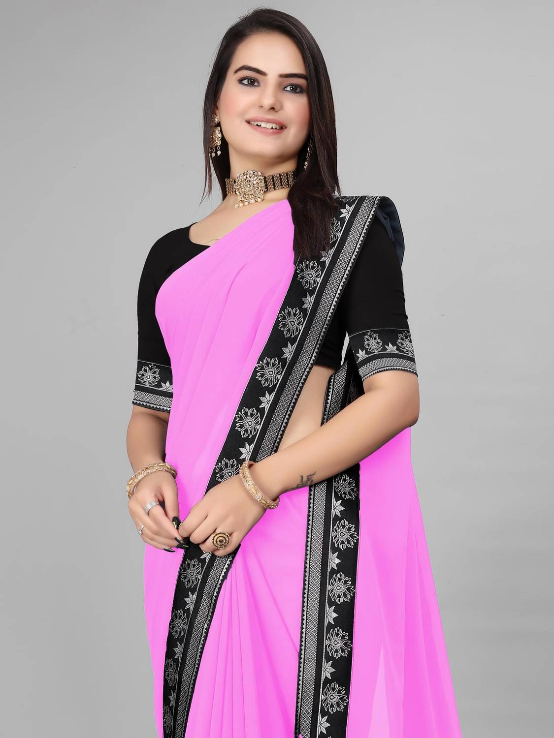 Sangath Dyed, Solid/Plain, Embroidered Daily Wear Georgette Saree