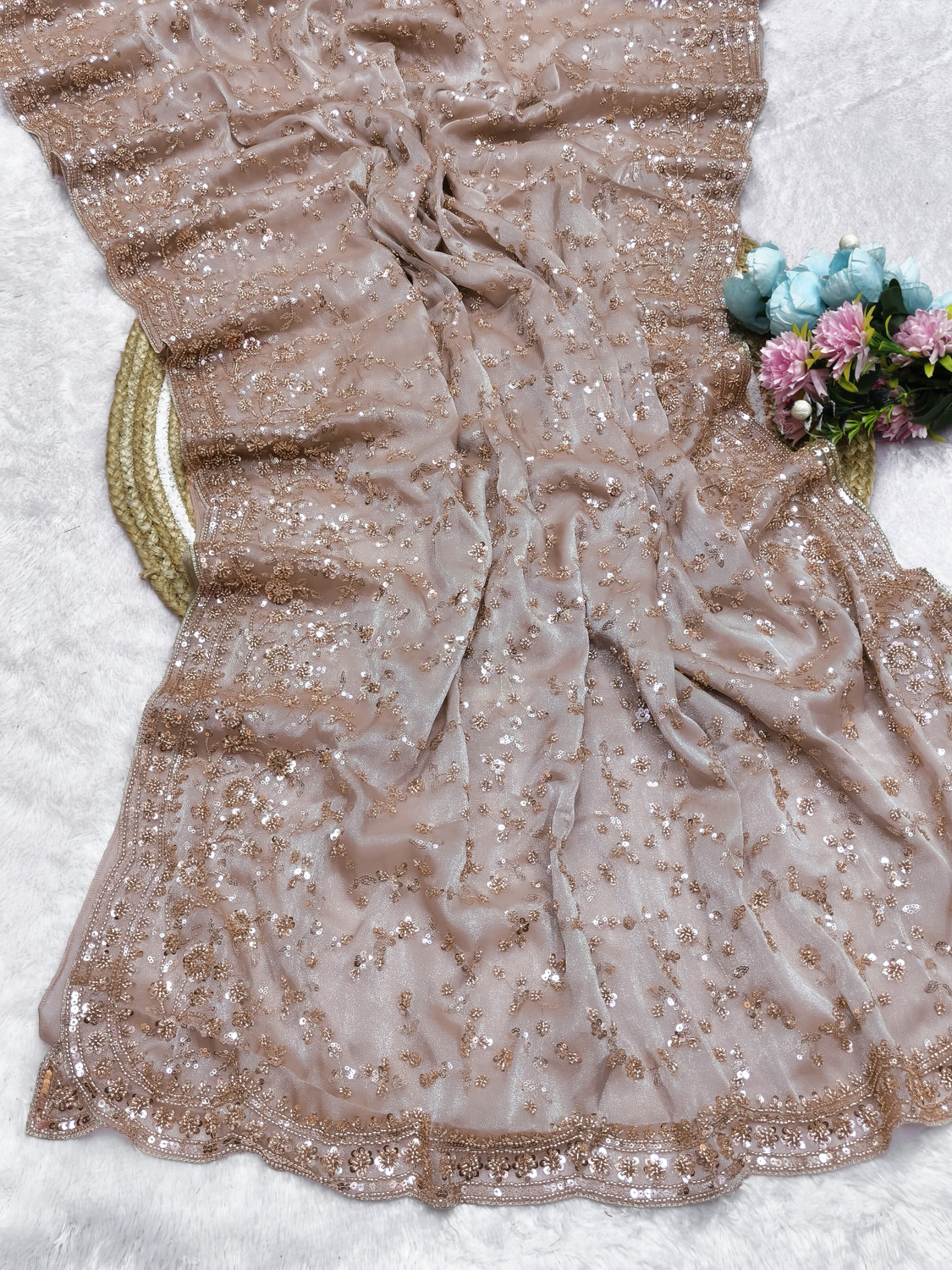 Image of GEZREL Embroidered, Embellished, Floral Print Bollywood Organza Saree
