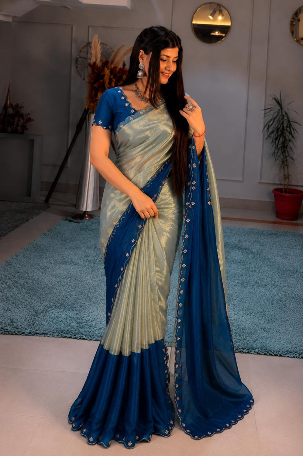 Image of sadala culture Embellished, Color Block Bollywood Tissue, Satin Saree