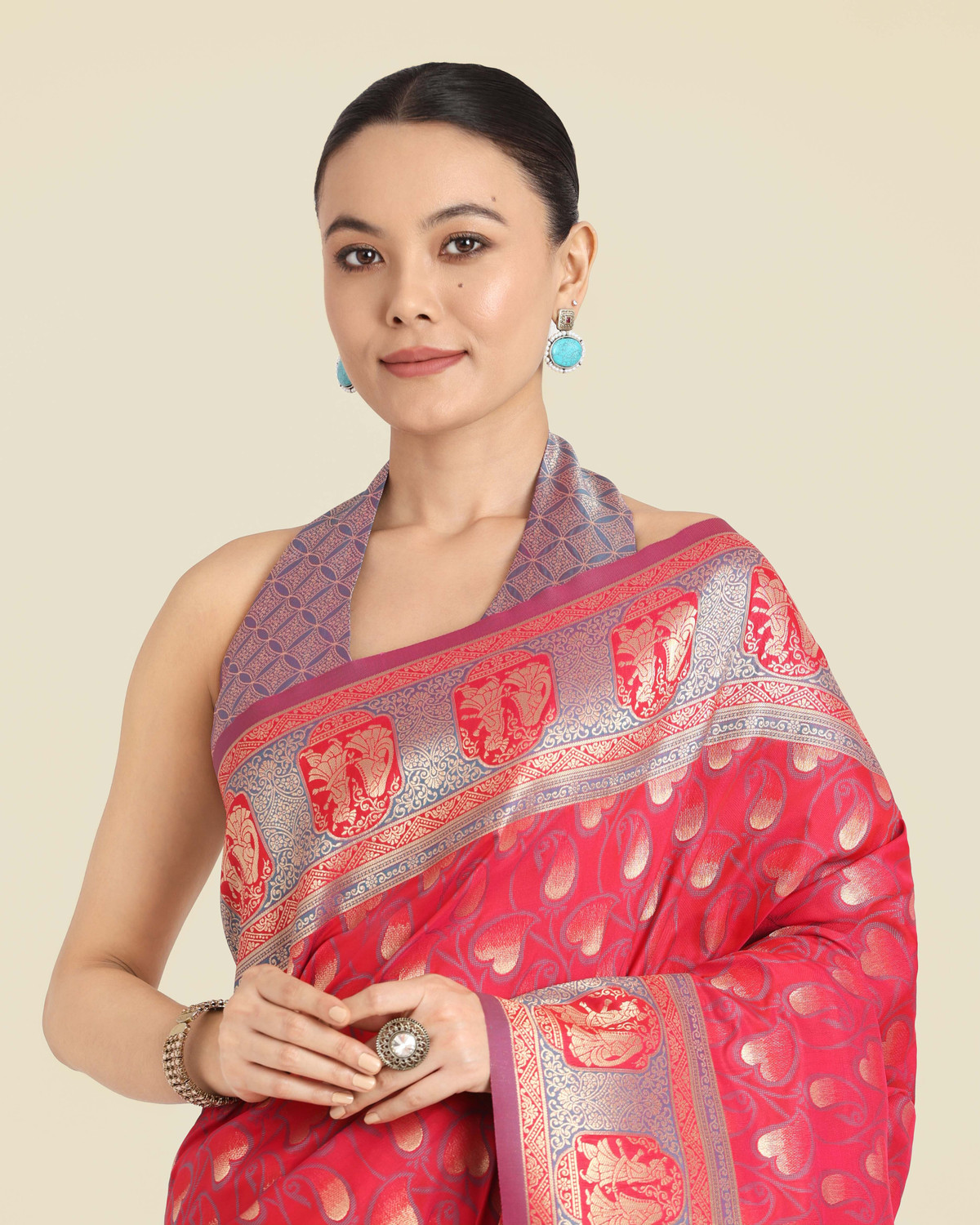 Image of Monjolika Fashion Woven, Embellished Banarasi Silk Blend Saree (Pink)