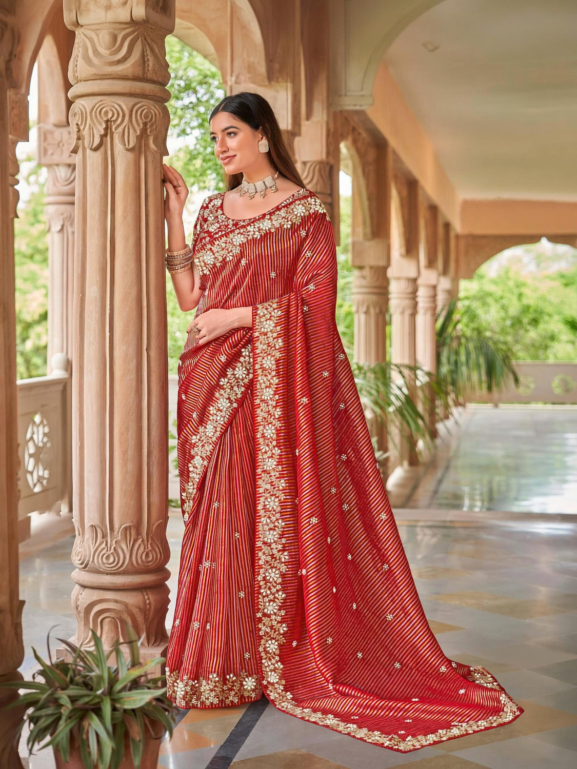 Image of Laxmipati sarees Embroidered, Striped Bollywood Silk Blend Saree (Red)