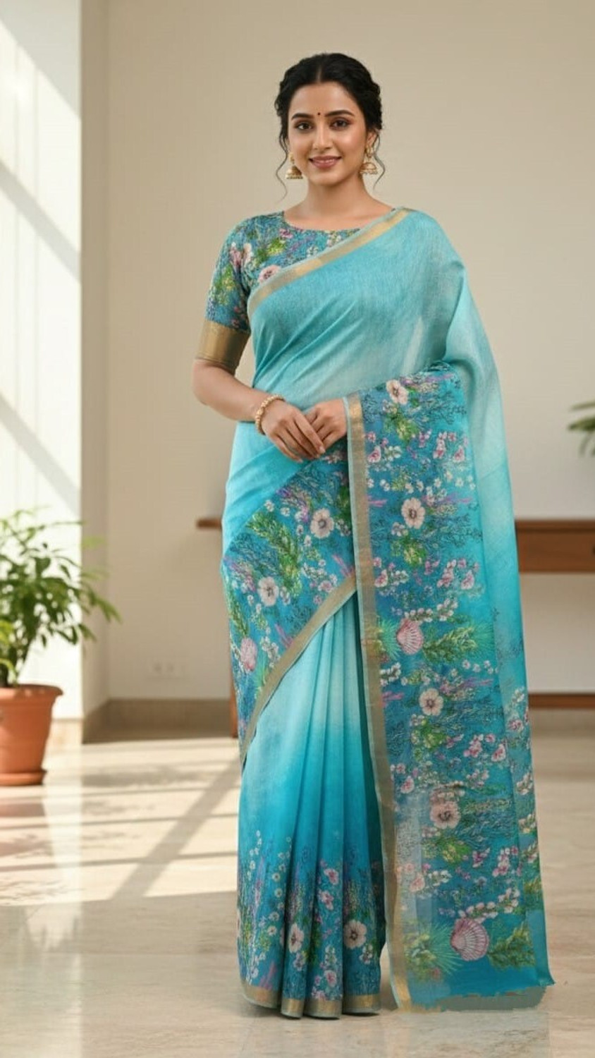 Image of M MAANVIT Floral Print Daily Wear Pure Cotton, Cotton Linen Saree