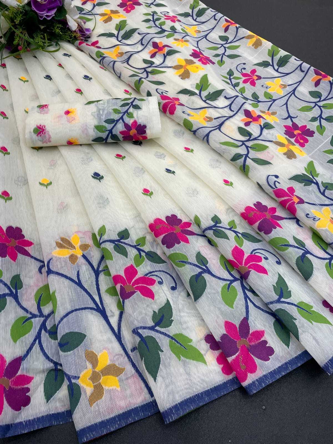 Image of Aviora Floral Print, Printed, Self Design Jamdani Cotton Silk Saree
