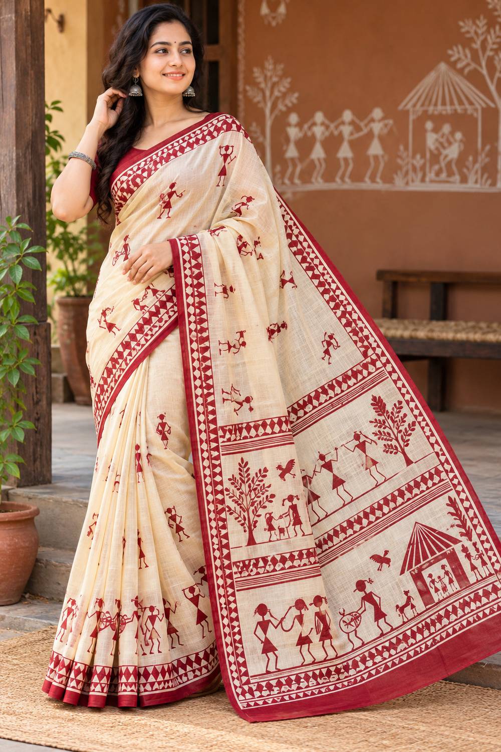 ADIVASI SHOP Floral Print Handloom Cotton Blend Saree