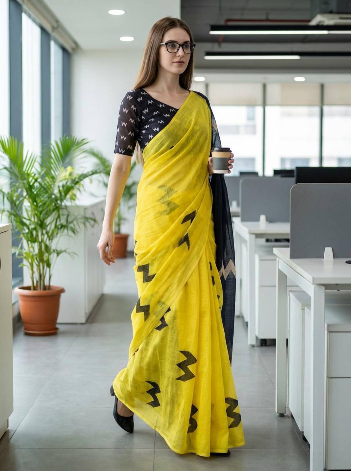 Anand Sarees Embellished, Digital Print, Geometric Print Bollywood Cotton Linen Saree