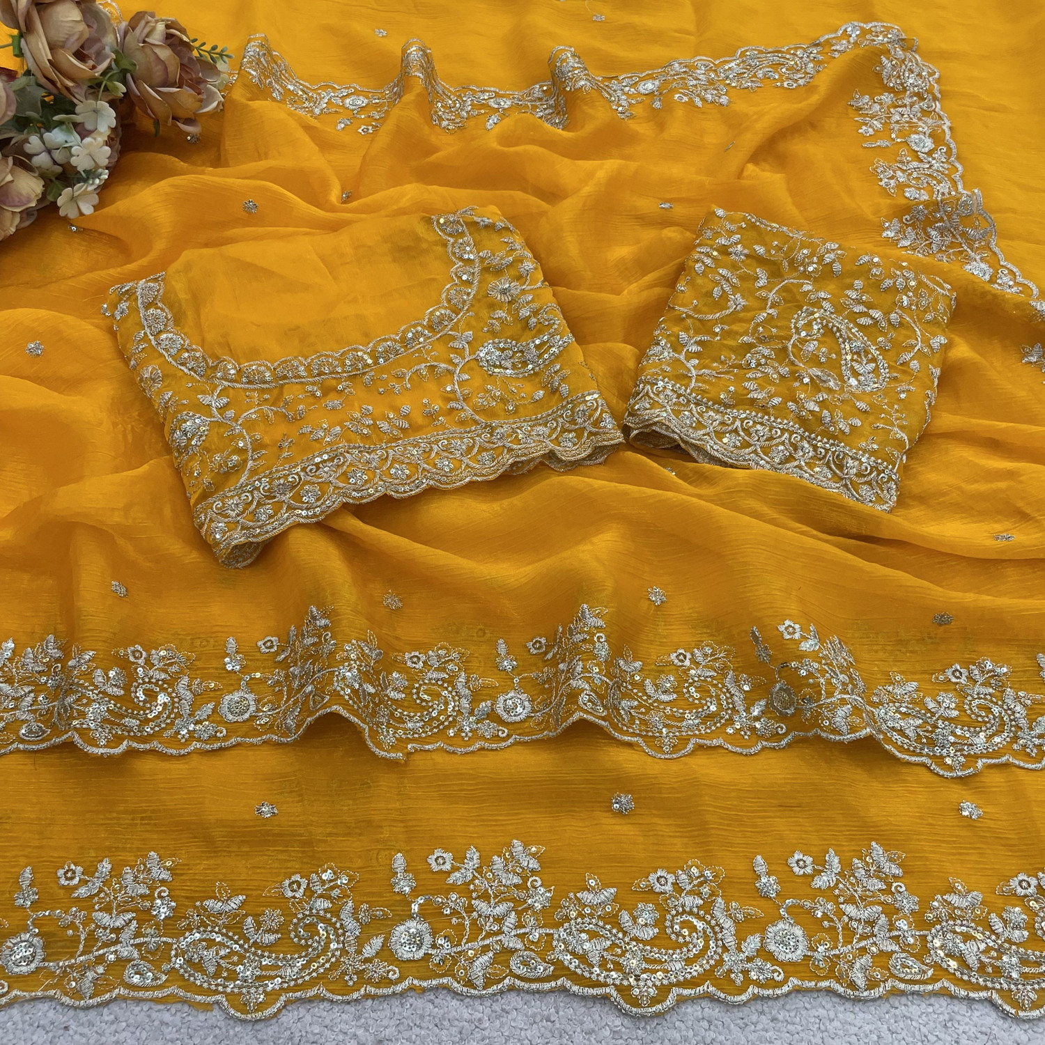 Image of Shree Paras Collection Embroidered, Embellished Bollywood Chiffon, Nylon Saree (Yellow)