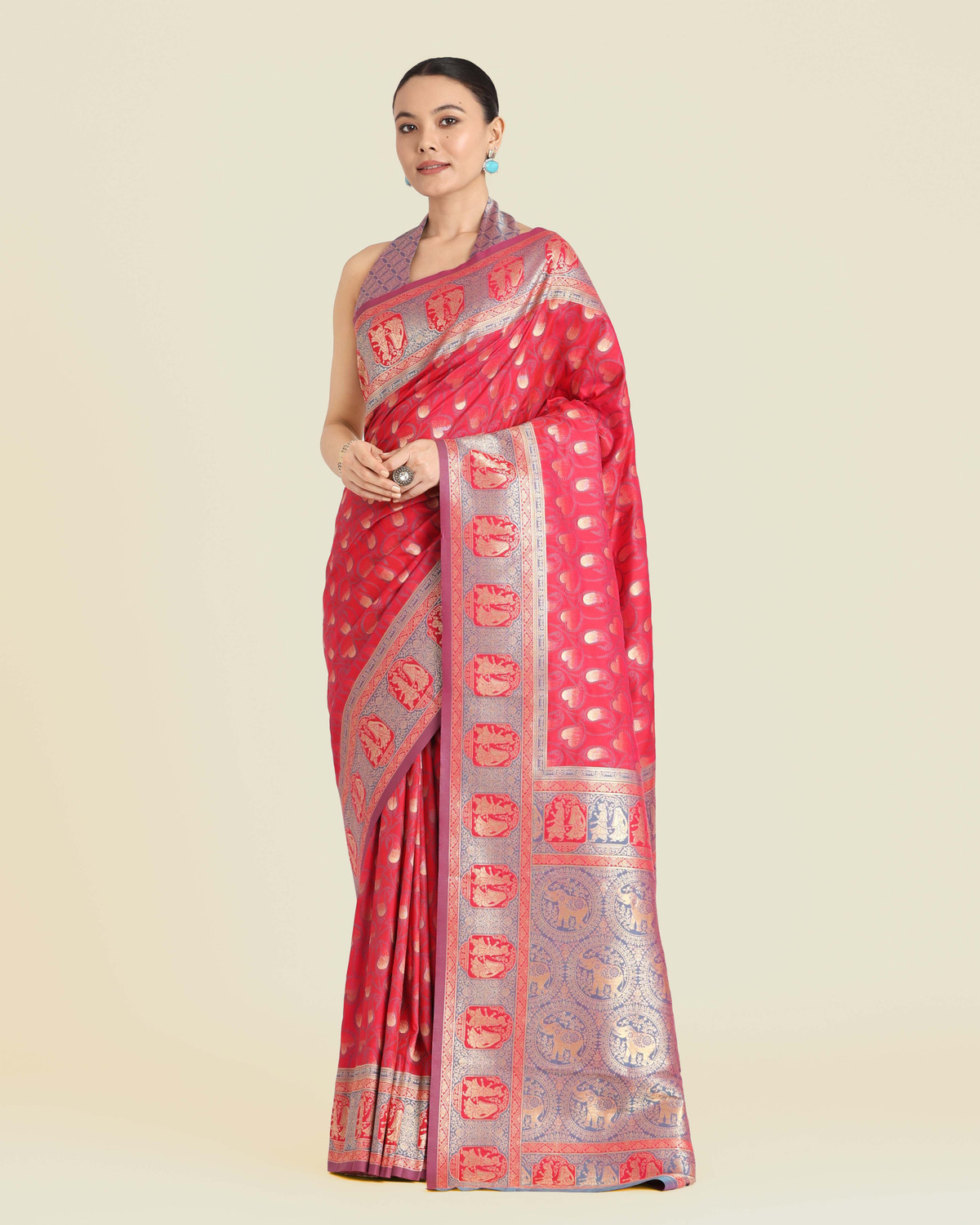 Image of Monjolika Fashion Woven, Embellished Banarasi Silk Blend Saree (Pink)