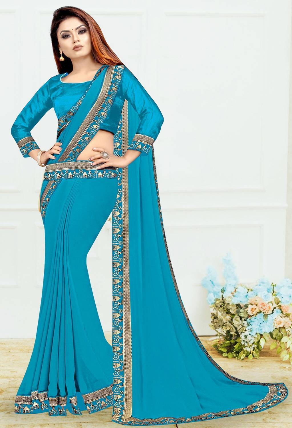 HNC Retail Solid/Plain Bollywood Lycra Blend, Chiffon Saree (Ligh