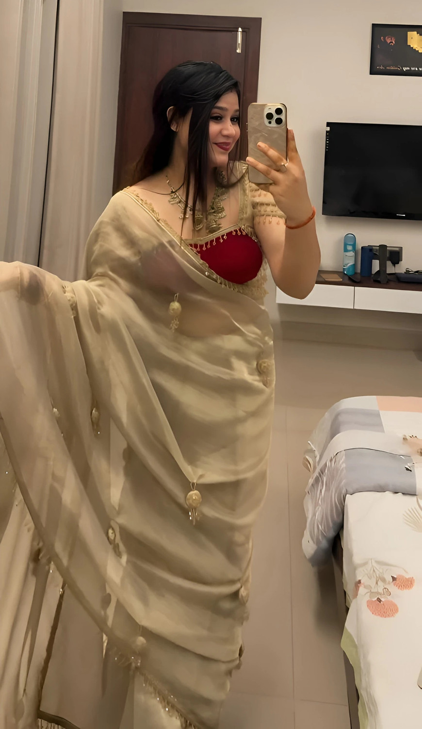 Image of QVIDYA Embroidered Bollywood Tissue, Organza Saree