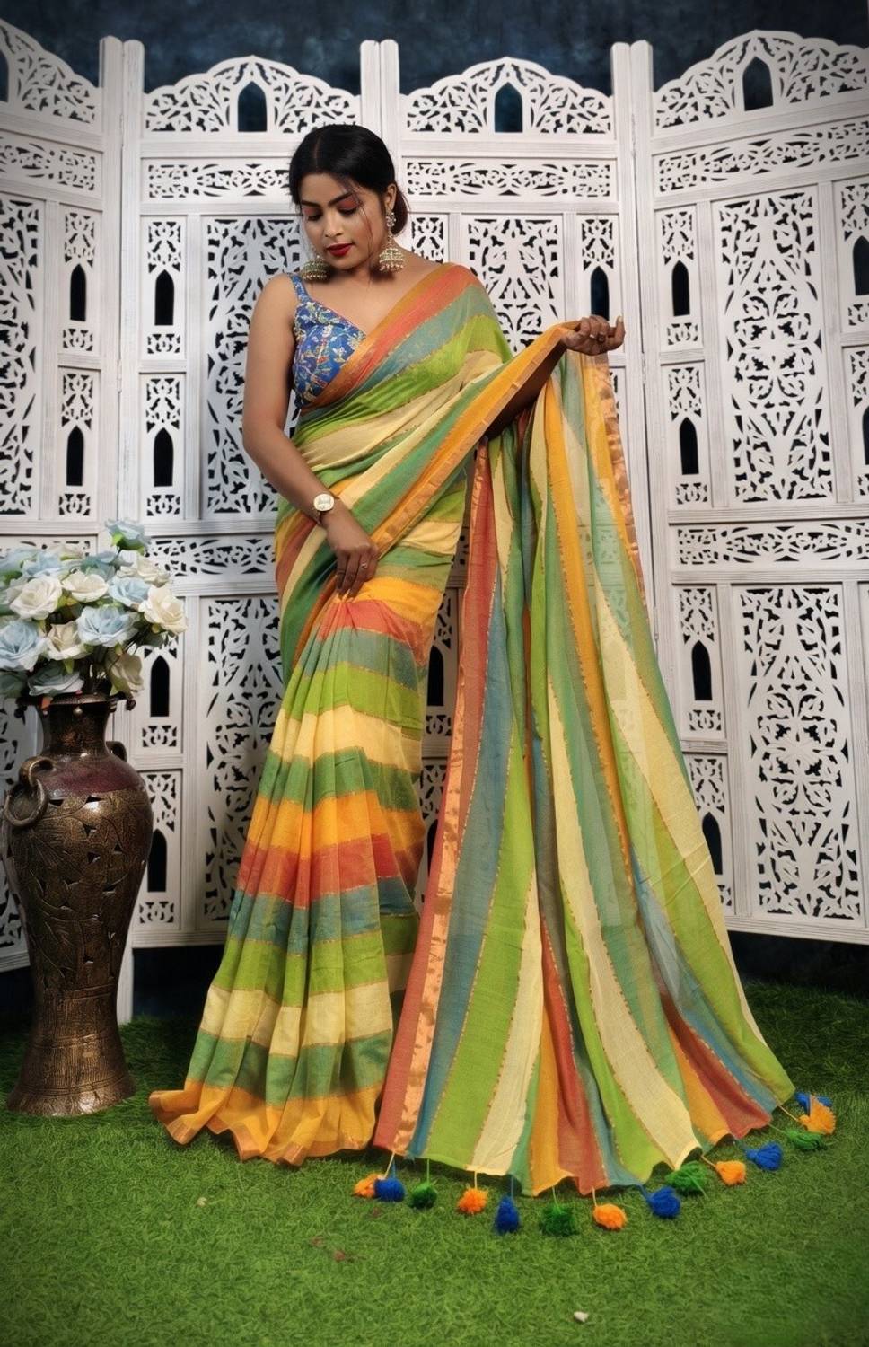 BargitFashion Striped Daily Wear Khadi, Pure Cotton Saree