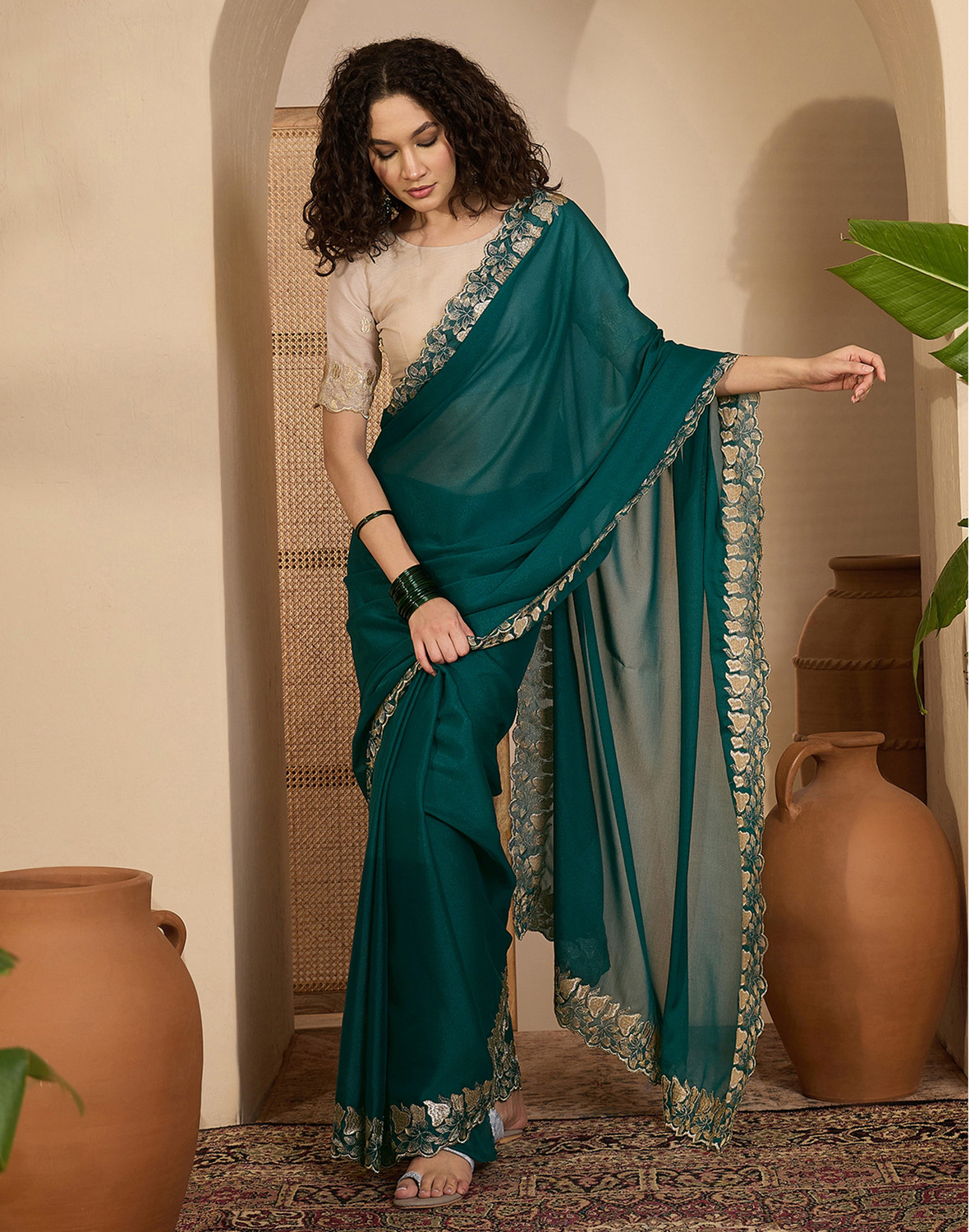Image of Satrani Embroidered, Embellished Bollywood Georgette Saree