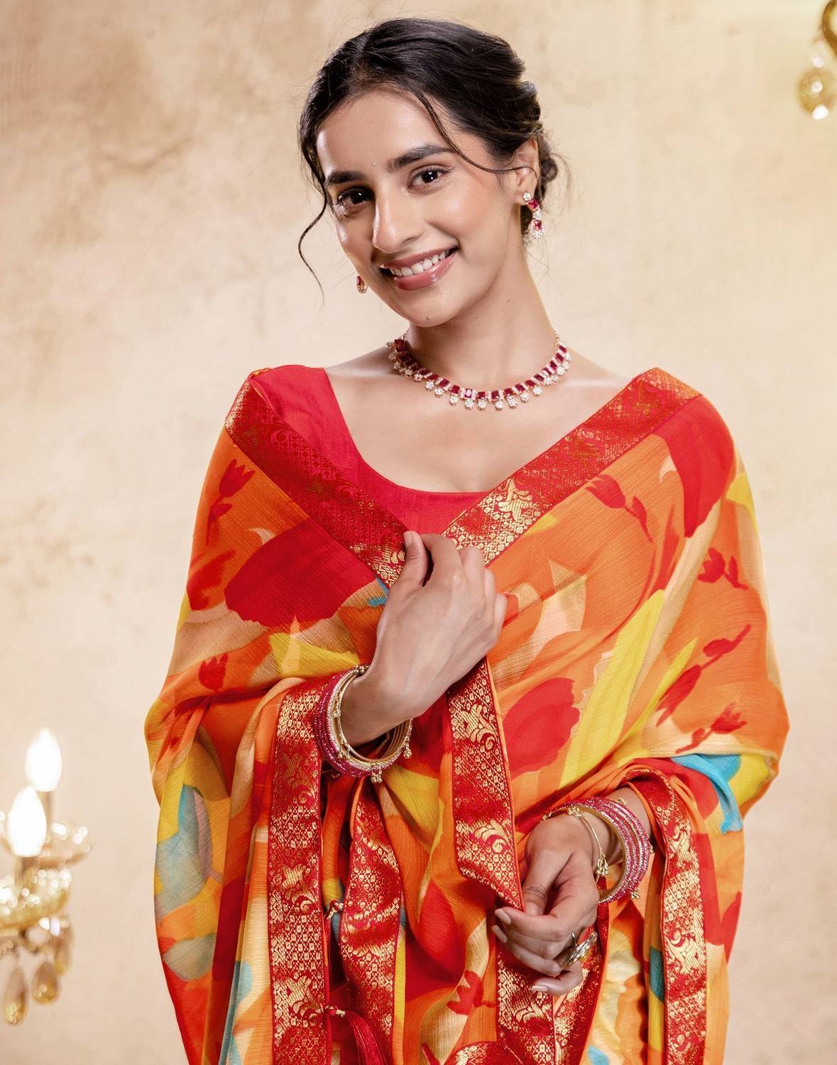 Samah Printed Daily Wear Georgette, Chiffon Saree (Orange)