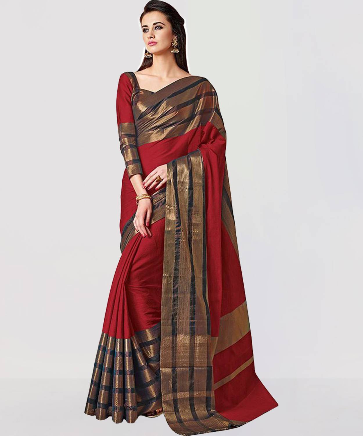 BAPS Striped, Woven, Embellished, Solid/Plain Kanjivaram Cotton Blend, Art Silk Saree