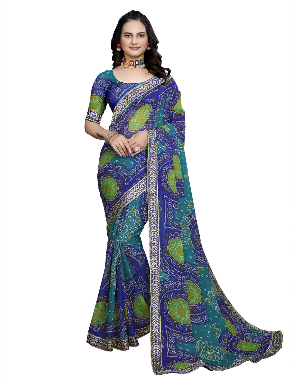Kanooda Prints Printed Bandhani Georgette Saree (Blue)