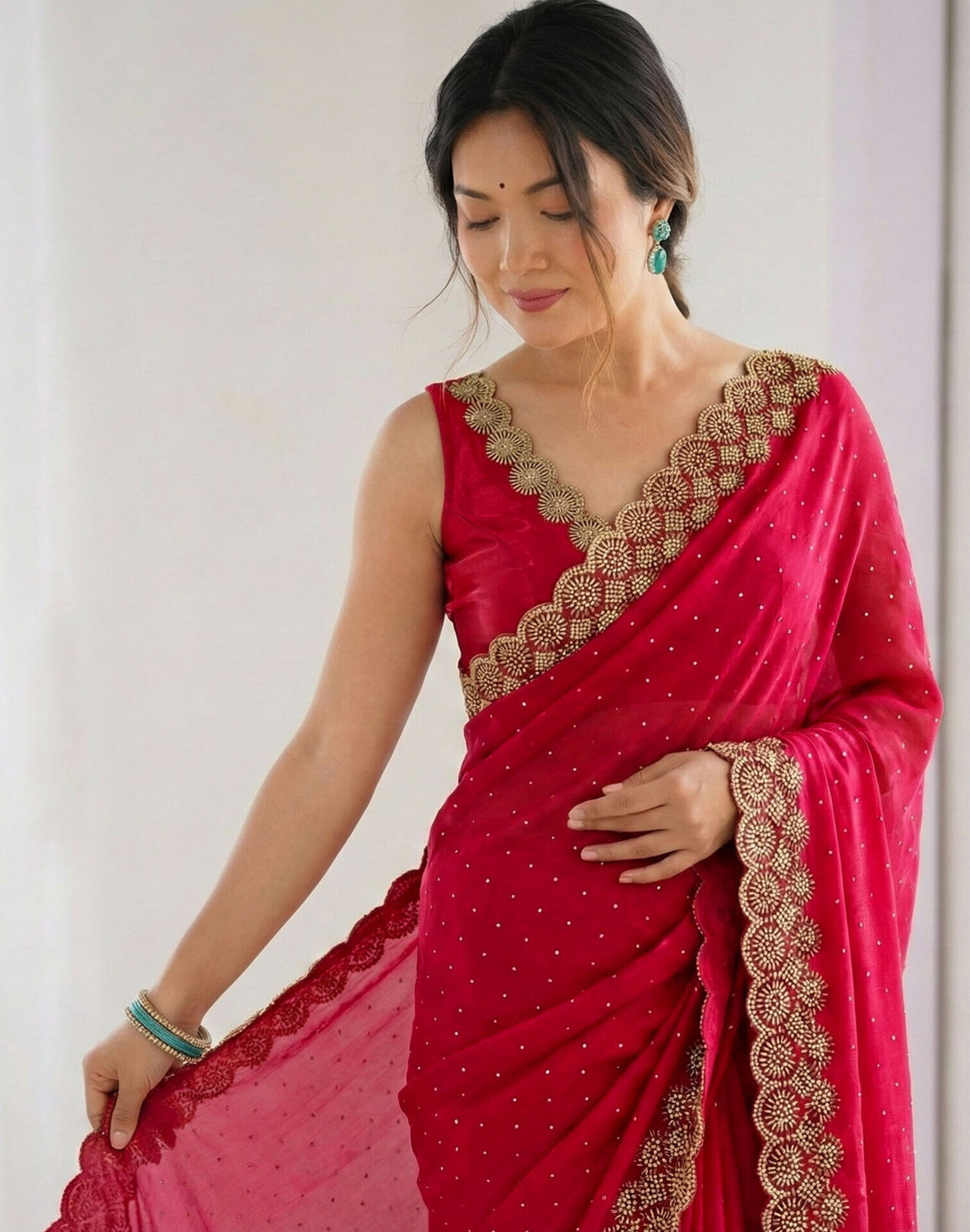 Image of Satrani Embellished Bollywood Tissue, Silk Blend Saree (Red)