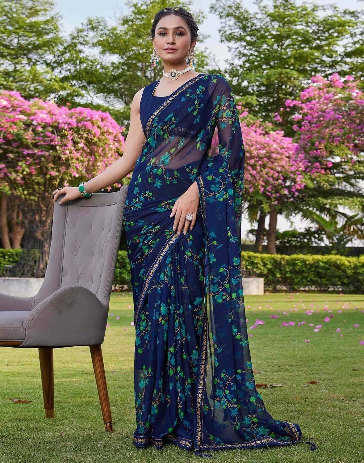 Panchvati NX Striped Daily Wear Chiffon Saree (Dark Blue)