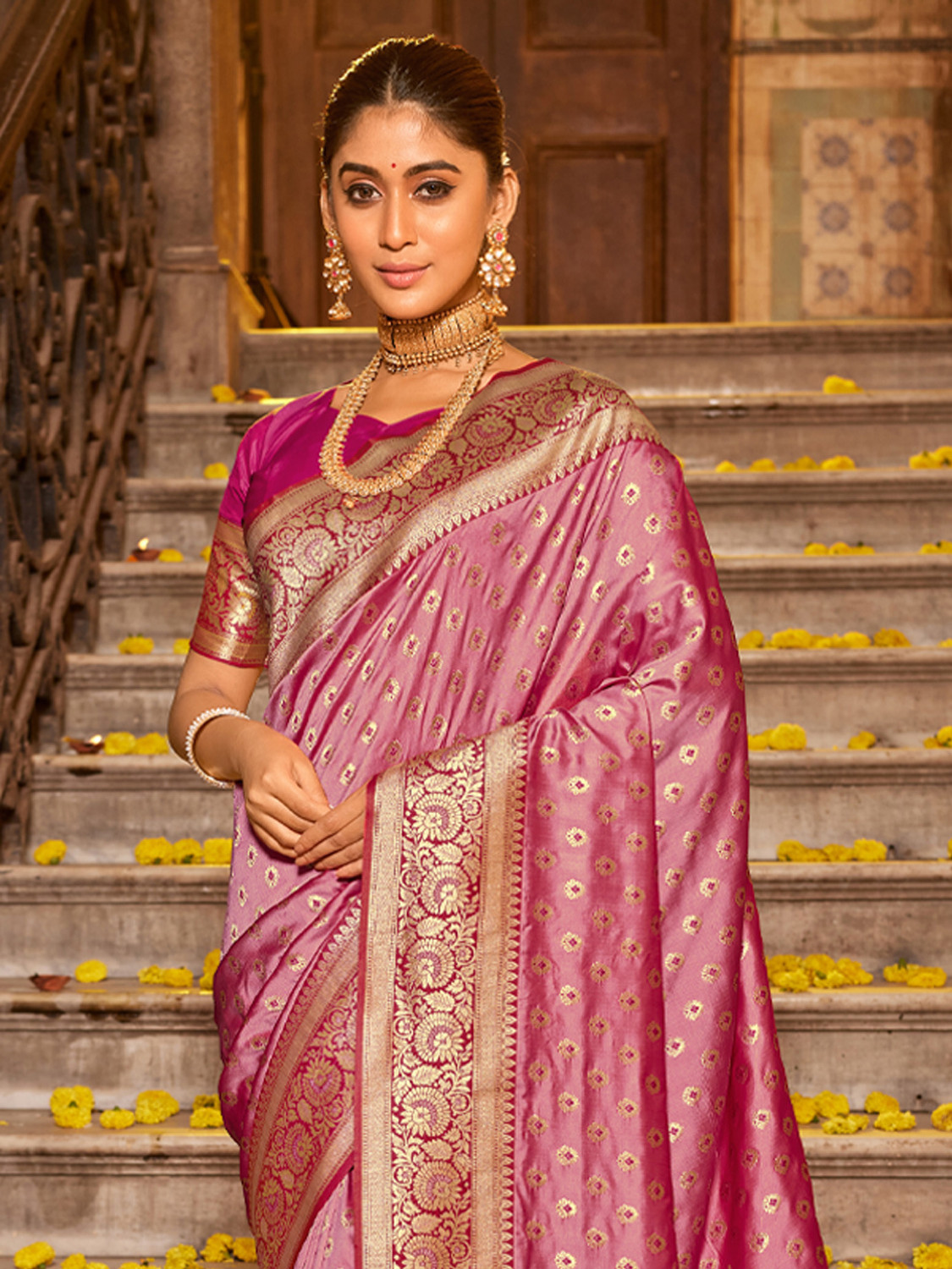Image of Sutriti Woven, Self Design, Temple Border Banarasi Silk Blend Saree