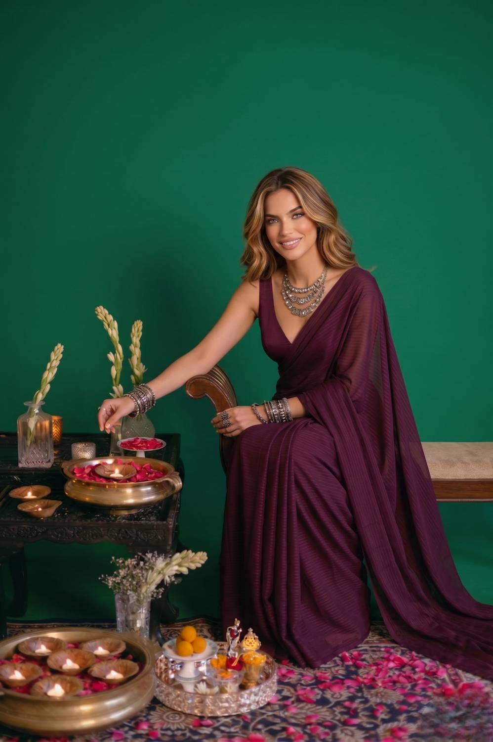 HNC Retail Solid/Plain Bollywood Lycra Blend, Chiffon Saree (Purp