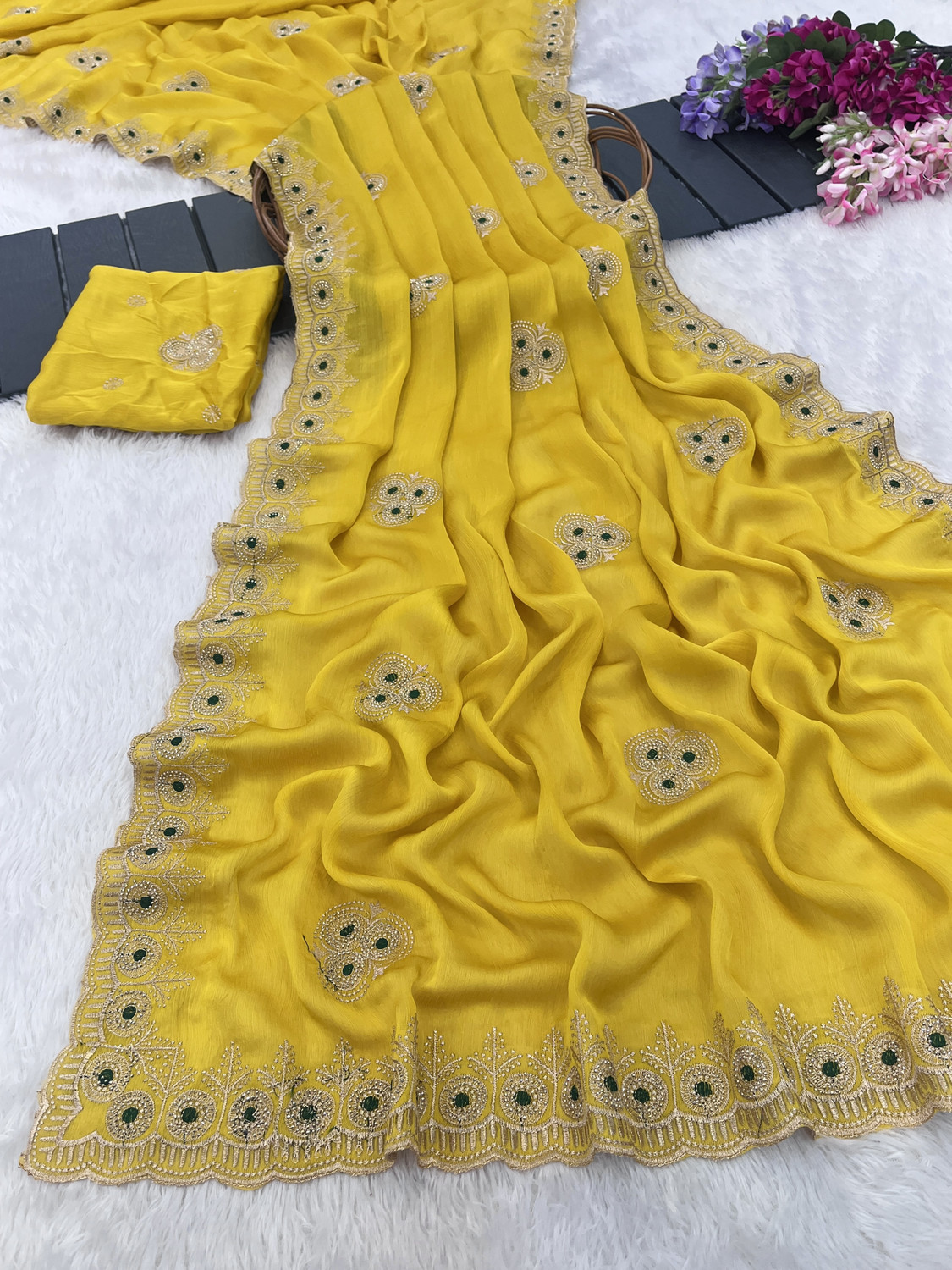 Image of VIDHI TEX Embroidered Bollywood Satin, Chiffon Saree (Yellow)