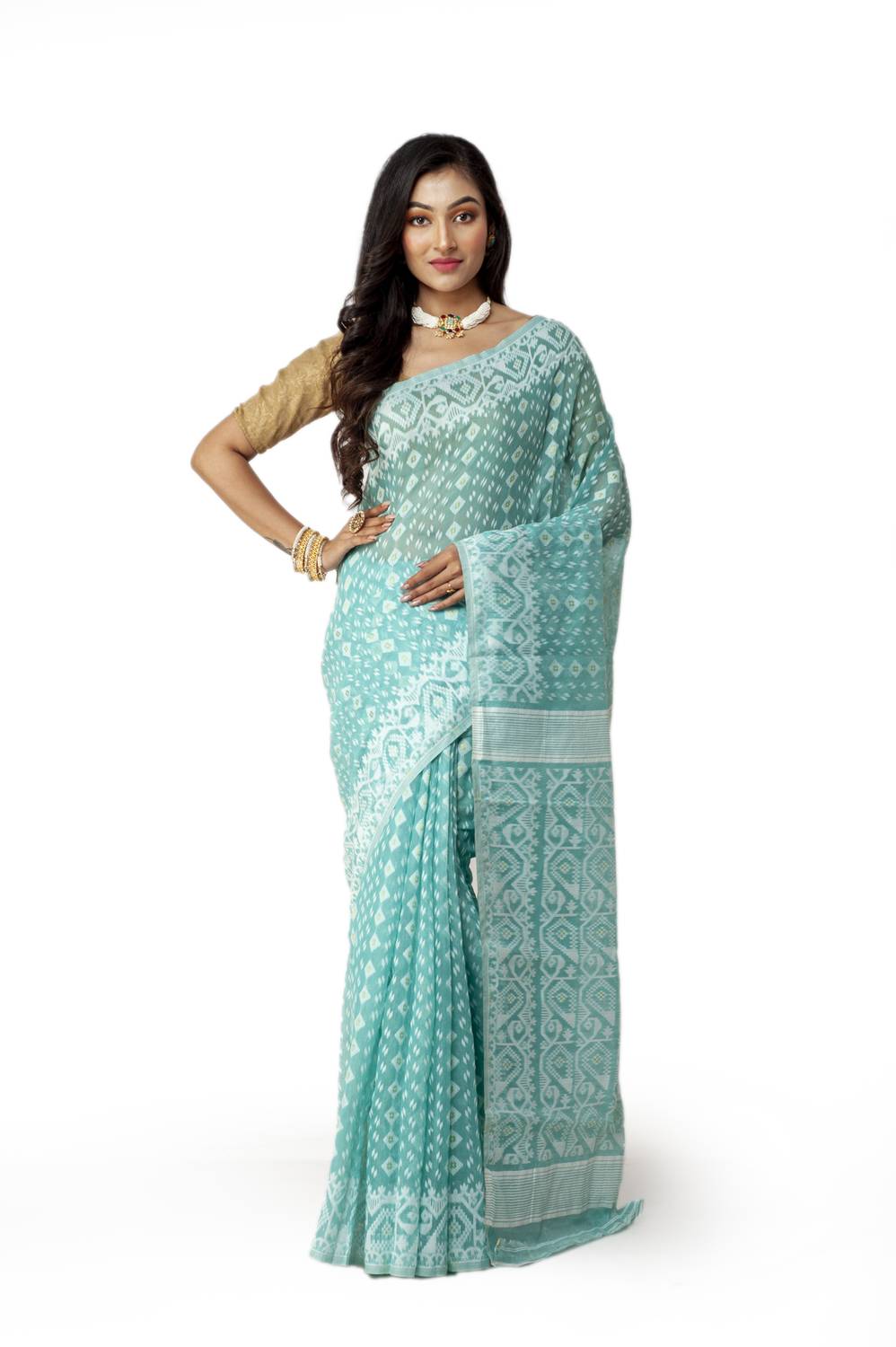 New Sareee Center Woven Jamdani Pure Cotton Saree (Multicolor)