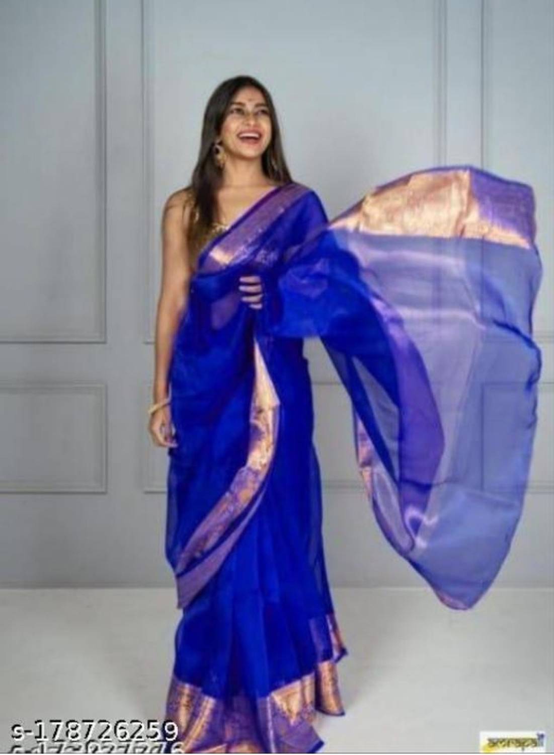 Banaras silk palace Woven Banarasi Organza Saree (Blue)