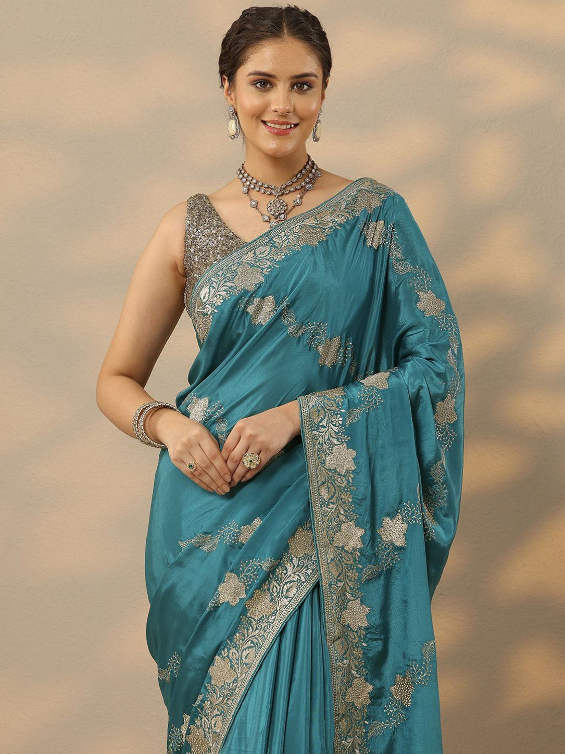 Image of LIBAS Embroidered Daily Wear Silk Blend Saree