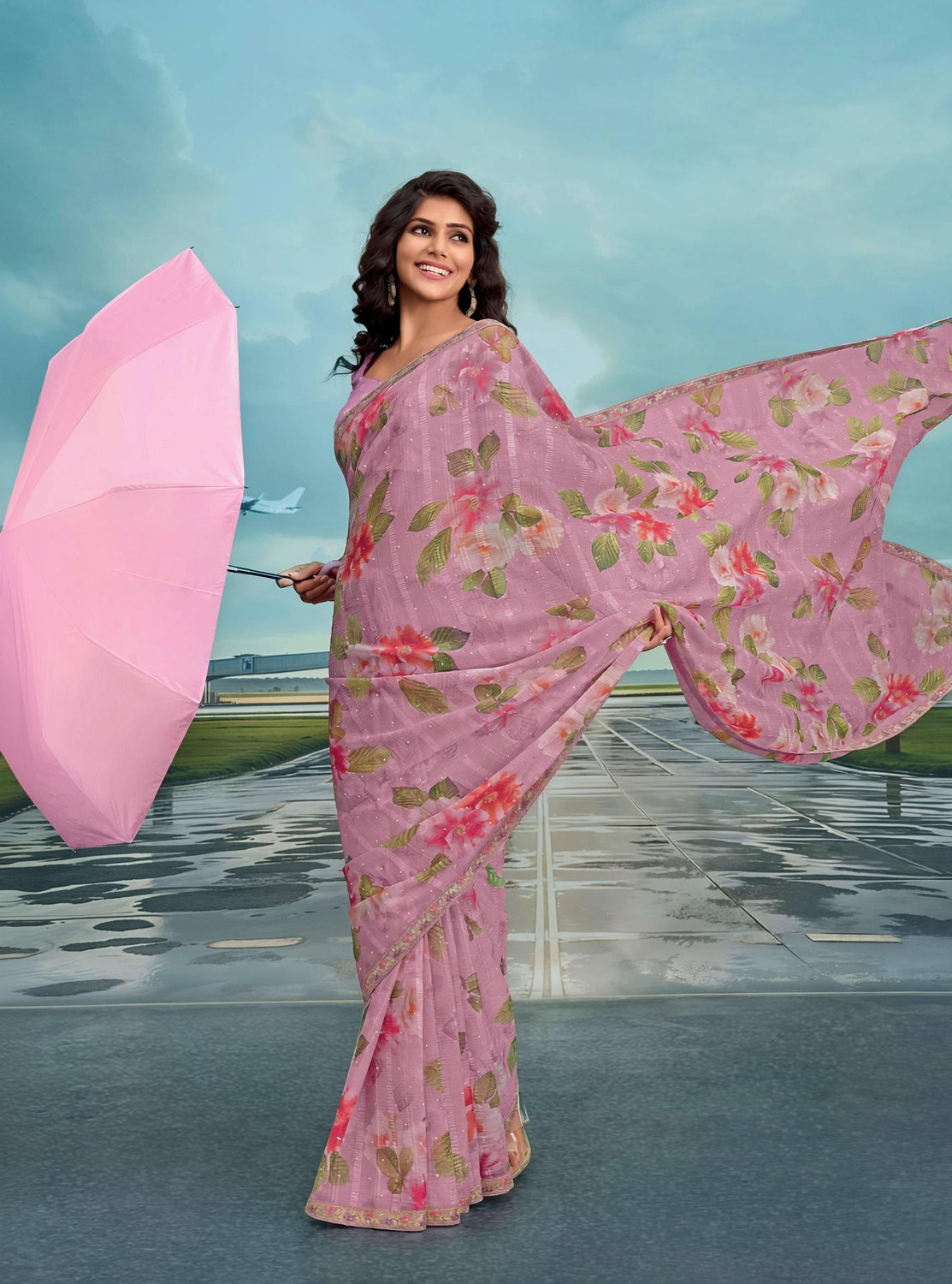 Image of Laxmipati sarees Printed Saree with Attached Blouse Chiffon Saree