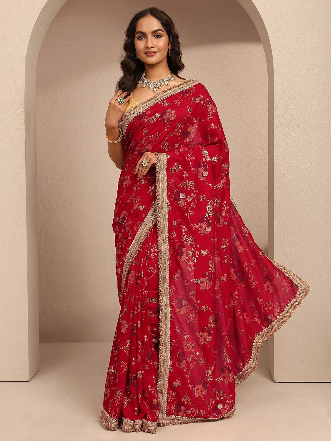 Image of LIBAS Printed Daily Wear Silk Blend Saree (Red)