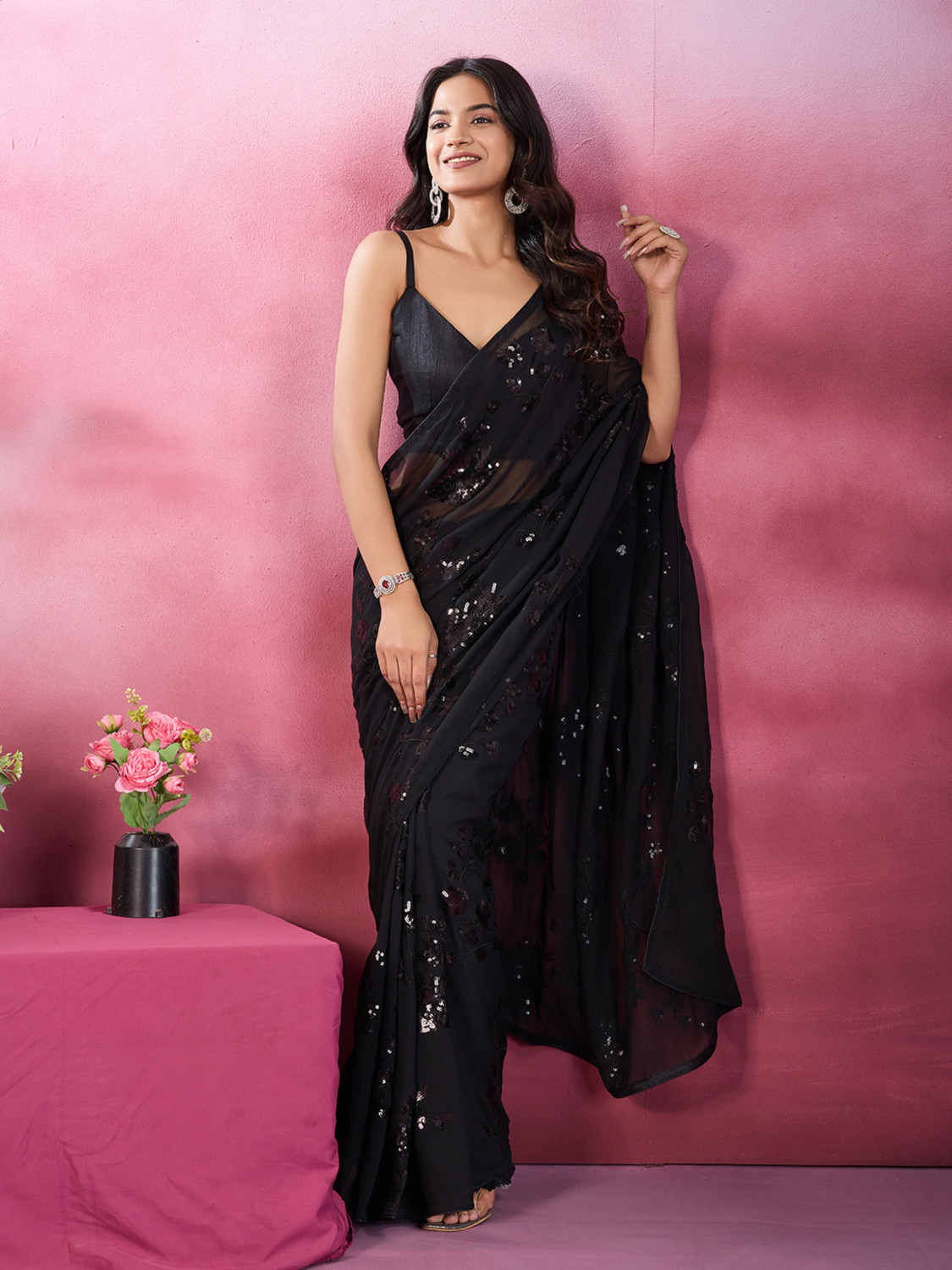 Image of Clemira Self Design, Embellished Bollywood Georgette Saree