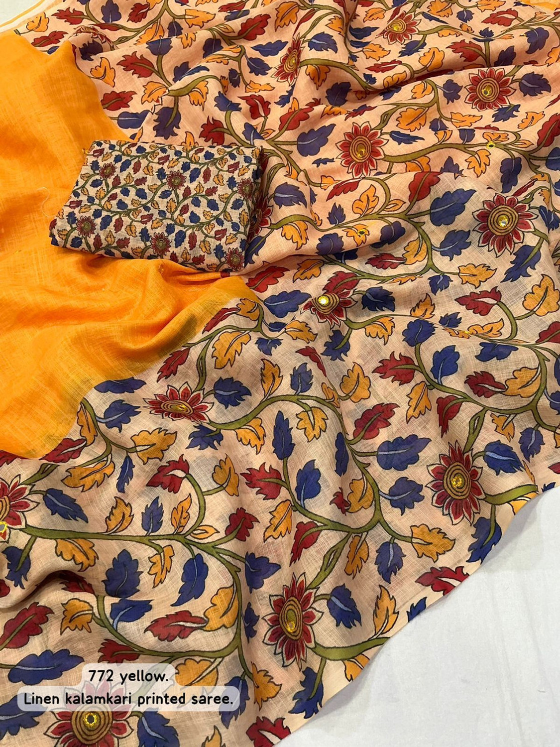 Image of KAMALKUNJ DESIGNER Floral Print Kalamkari Cotton Linen Saree (Multicolor)