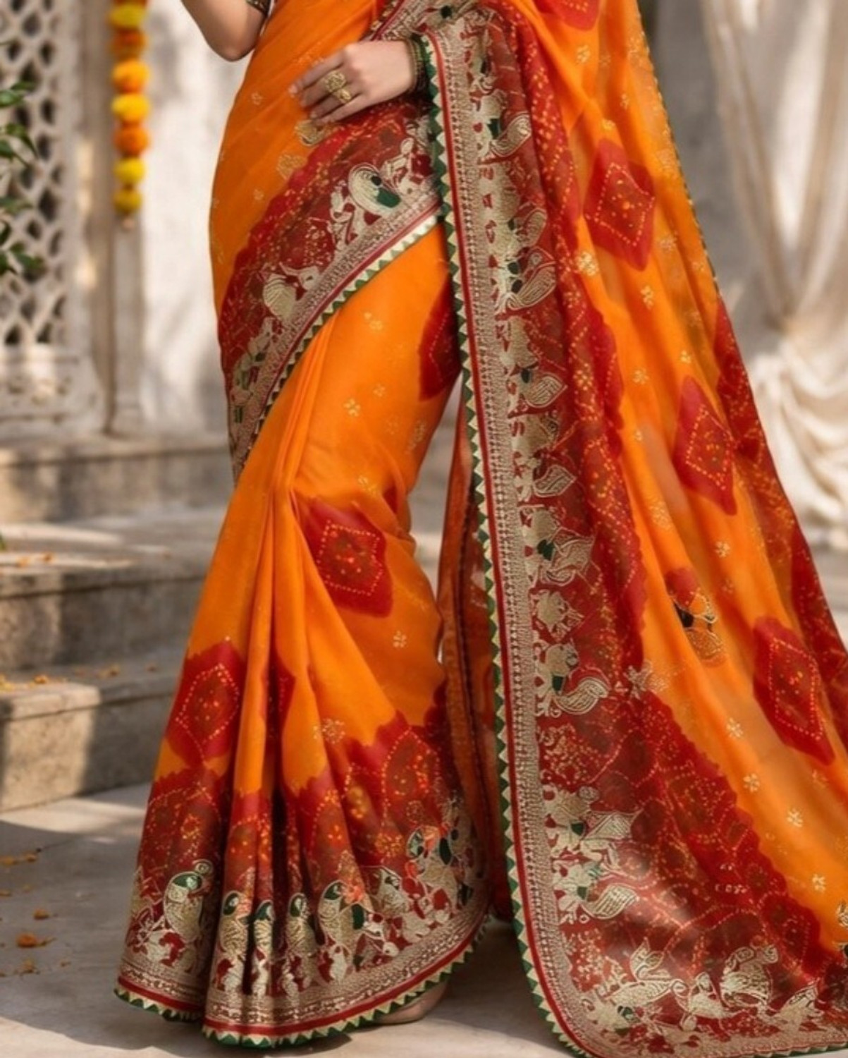 Image of MAA PARVATI NX Tie-Dye, Embroidered Bandhani Georgette Saree